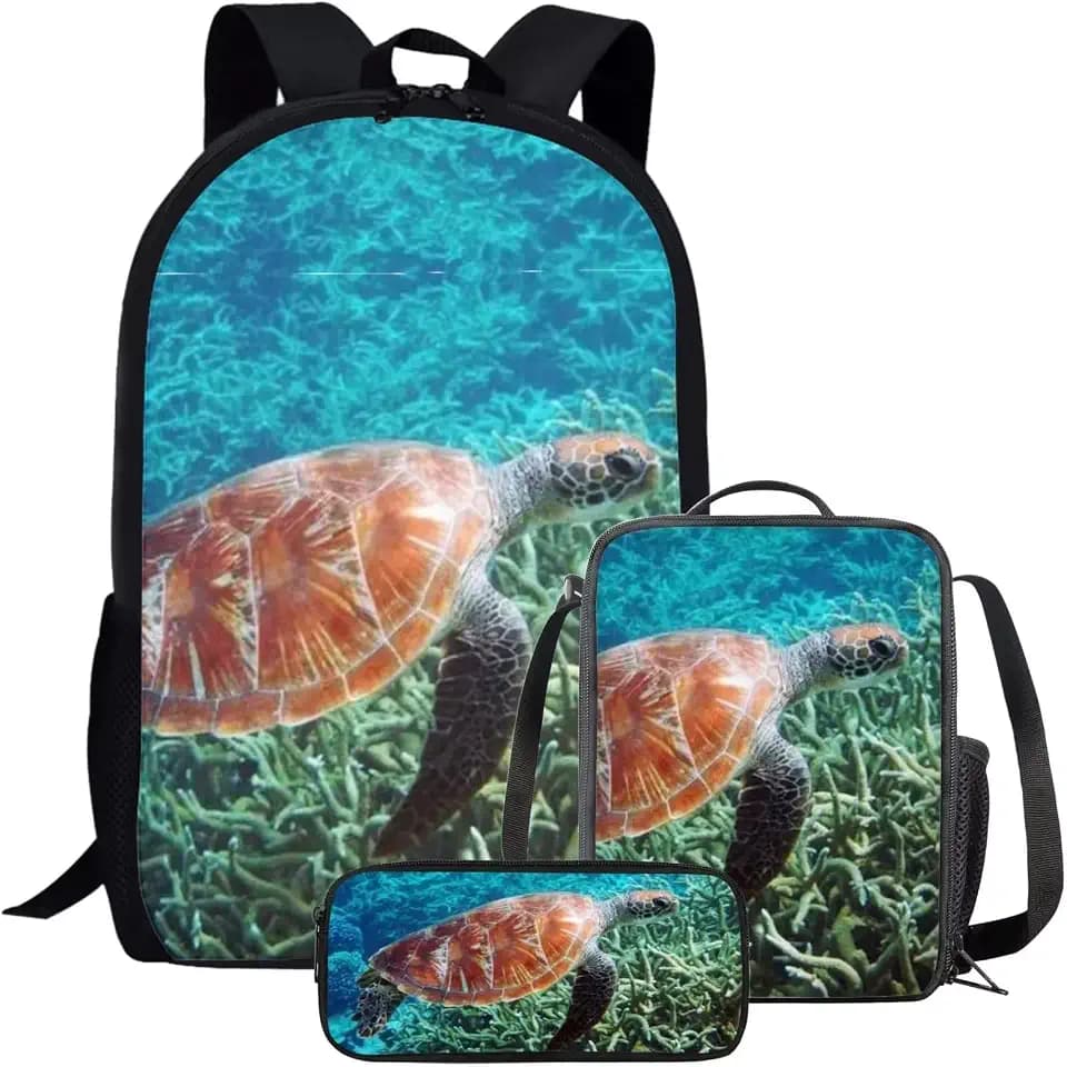 Kids Novelty Animal Backpack and Lunch Box for Boys Girls Student Lightweight 17 Inch School Sea Turtle Backpack with Lunch Bag Pencil Case Kids Comfy Padded Black Large Bookbag