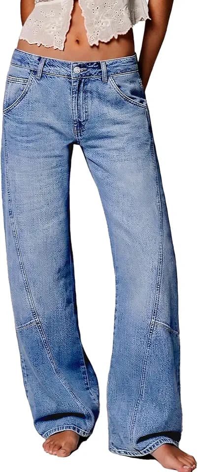 ELLEVEN Low Rise Barrel Jeans for Women, Baggy Denim Pants