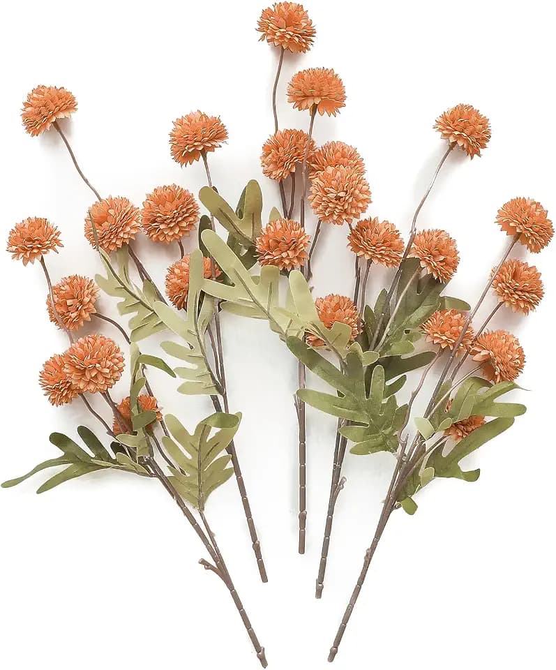 Floroom 5pcs Burnt Orange Faux Silk Mums Artificial Flowers, Bulk Fake Small Mini Chrysanthemums with Stems for DIY Wedding Centerpieces Floral Arrangements Vase Fillers Home Decorations