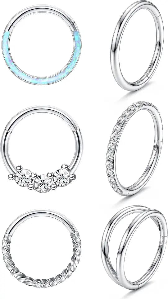 LOLIAS 6 Stück 16G Piercings Helix Silber Nasenringe Edelstahl Opel CZ Einfach Doppel Septum Clicker Lippenringe Knorpel Turm Tragus Muschel Daith Ohrringe Körper Piercing Schmuck 8/10MM