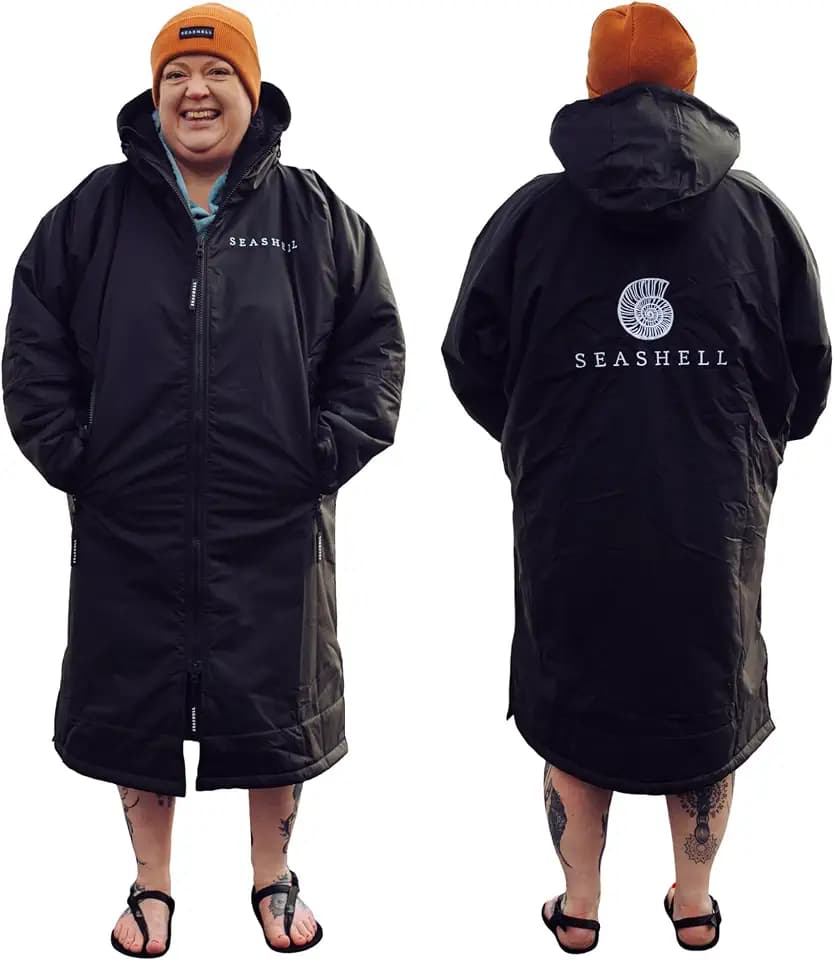 SEASHELL Erwachsenen-Wasserdichter Wickelmantel – Übergroßer Mantel mit langen Ärmeln und Sherpa-Fleece-Futter – Winddicht, Schnelltrocknend, Wasserabweisend – Ideal für Schwimmen, Surfen, Strand