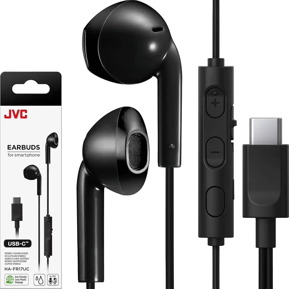 JVC USB-C Wired Earbuds Headphones, Delay-Free for Videos and Gaming, Built-in DAC Reduces Noise and Improves Sound Quality, 10.7 mm Diameter Neodymium Drivers - HAFR17UCB (Black)