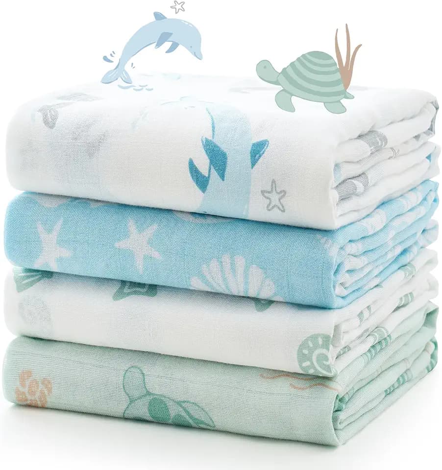 Momcozy Muslin Swaddle Blankets, 4-Pack, Large 47"x47" Ocean Pixie Dream