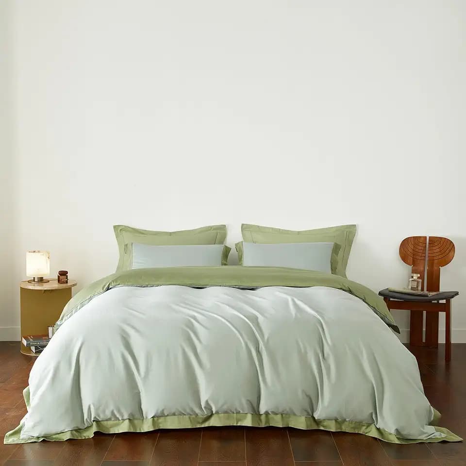 YuHeGuoJi Green Duvet Cover Queen 100% Egyptian Cotton 3 Pcs Set 1 Sage Green Duvet Cover with Zipper Ties 2 Pillow Shams Hotel Collection Double Sided Solid Color Ruffle Wide Trim Bedding Set