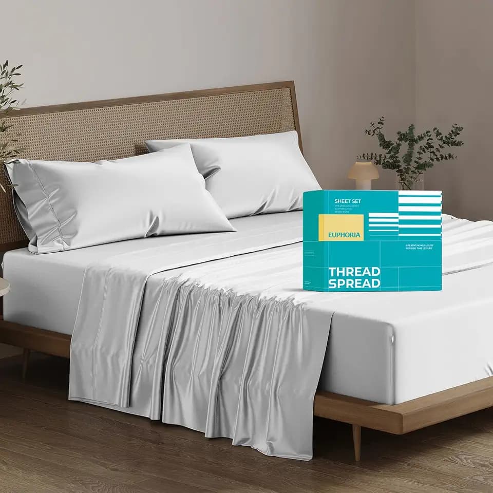 THREAD SPREAD Pure 100% Egyptian Cotton Sheets Full Size - 800 Series Euphoria Collection Deep Pocket Full Size Sheets Set (4 PC, Silver Grey), Silky Soft Cooling Hotel Sheets, Fits Mattress Upto 18"