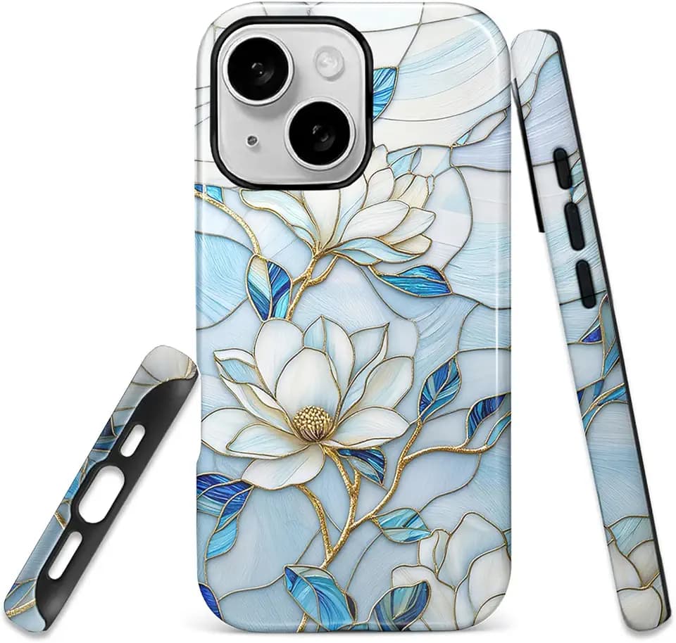 for iPhone 15 Case,2-Layer Protection with TPU Silicone and Pc Hard Shell, Anti-Drop, Matte and Wear-Resistant - Blue Magnolia Stained Glass