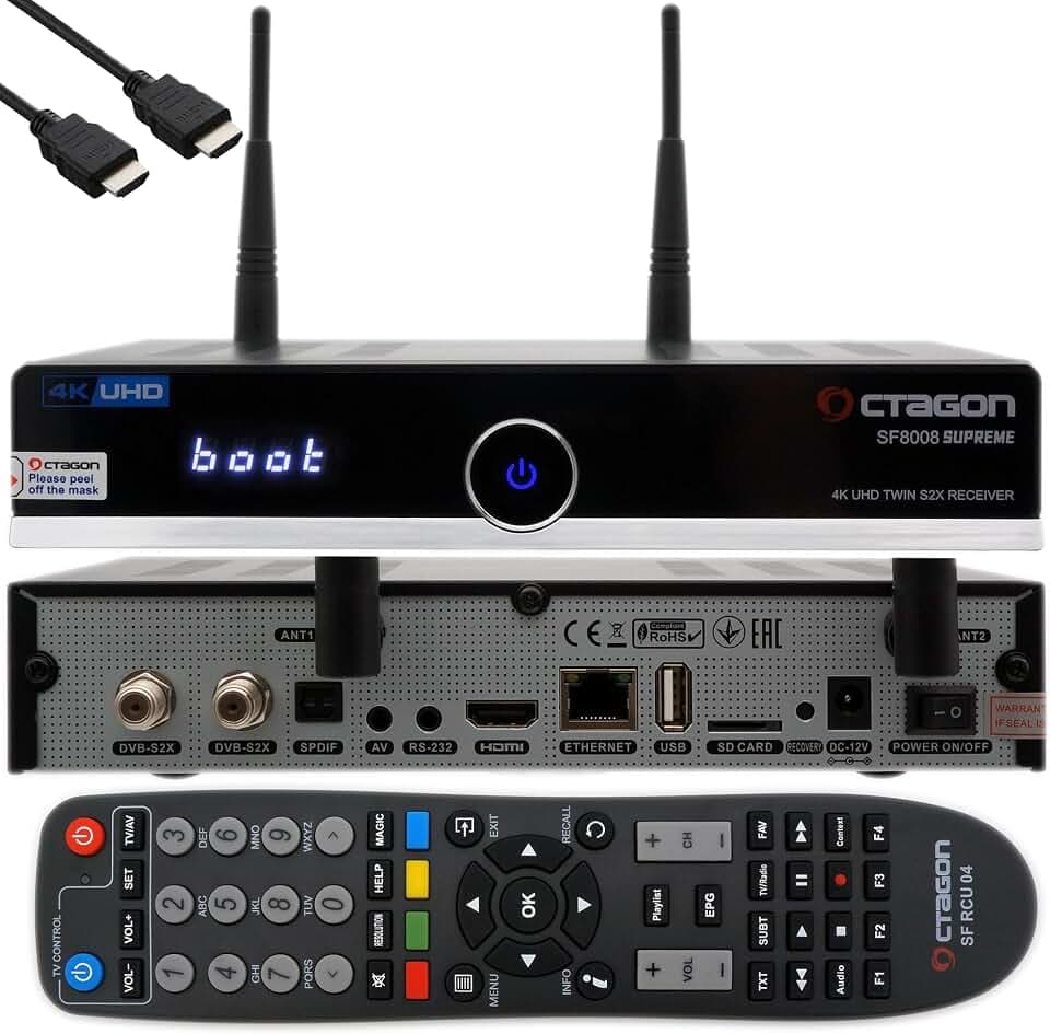 Octagon SF8008 4K-UHD HDR-TV Receiver - DVB-S2X Satellit Twin, E2 Linux Smart TV Box, EasyMouse HDMI, 2.4/5G-Dual-Band WiFi, Aufnahmefunktion, M.2-SSD