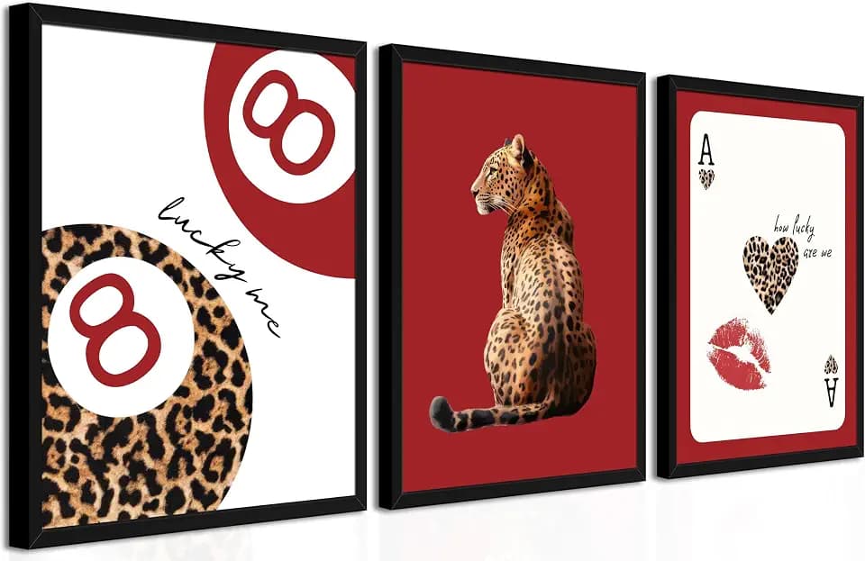 Framed Trendy Leopard Wall Art Set of 3, Red Funky Preppy Cheetah Wall Decor Paintings, Lucky 8 Aesthetic Room Decor Prints Pictures for Girls Bedroom Apartment Dorm 12x16 Inch Black Frame