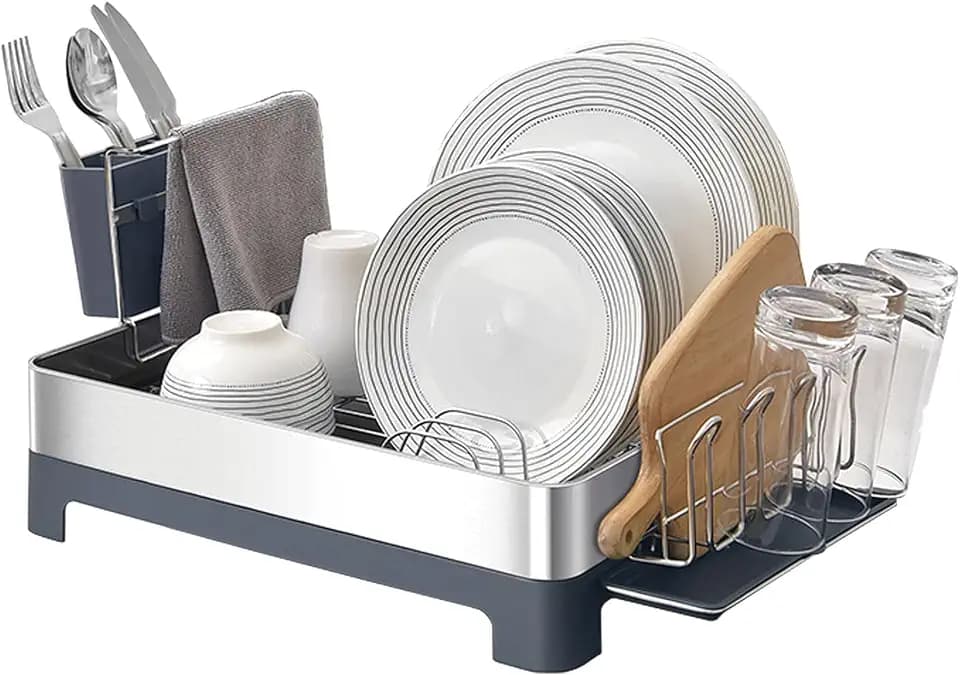 Amig - Geschirrabtropfer Siba - 51 x 32 x 24,6 cm - Edelstahl und Kunststoff - Farbe Grau - Abtropfer mit Tropfschale und Besteckhalter - Kapazität für 10 Teller und 4 Gläser