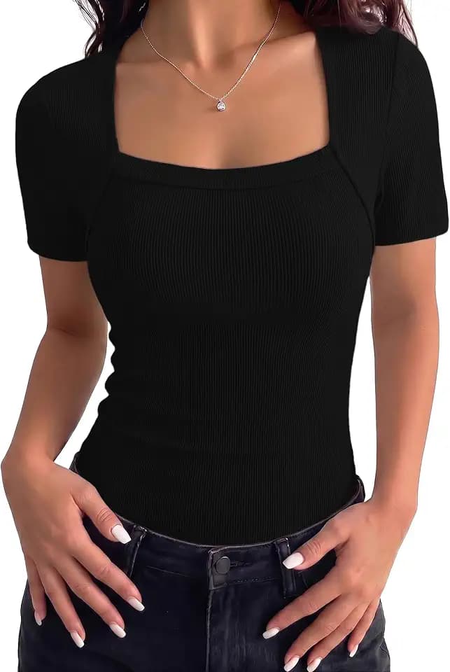 Aottori T Tshirt Damen Eckiger Ausschnitt Gerippt Kurzarm Figurbetont Basic