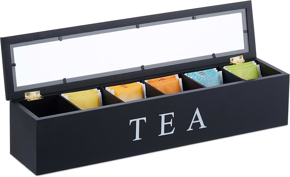 Relaxdays Teebox, 6 Fächern, Bambus, H x B x T: 9 x 43,5 x 9 cm, für Tee & Kaffeepads, Teebehälter mit Deckel, schwarz