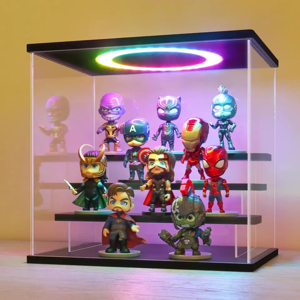 LANSCOERY Acrylic Display Case with RGBW Lights, 4 Tier Black