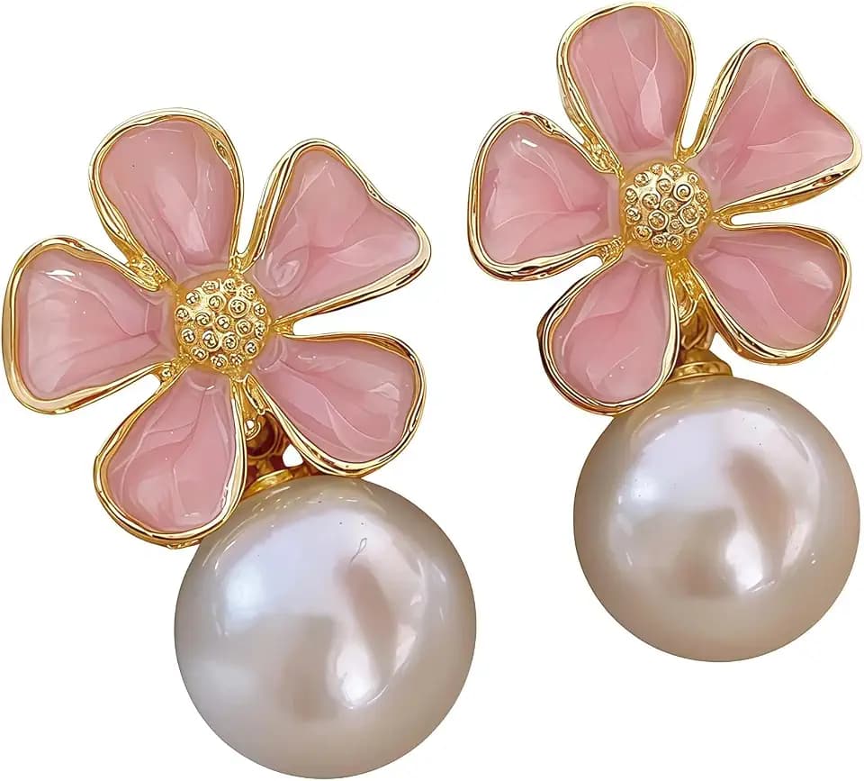 Pink Enamel Flower Pearl Drop Earrings for Women Dainty Gold Plated Floral Dangle Earrings, Minimalist Boho Jewelry Gift for women