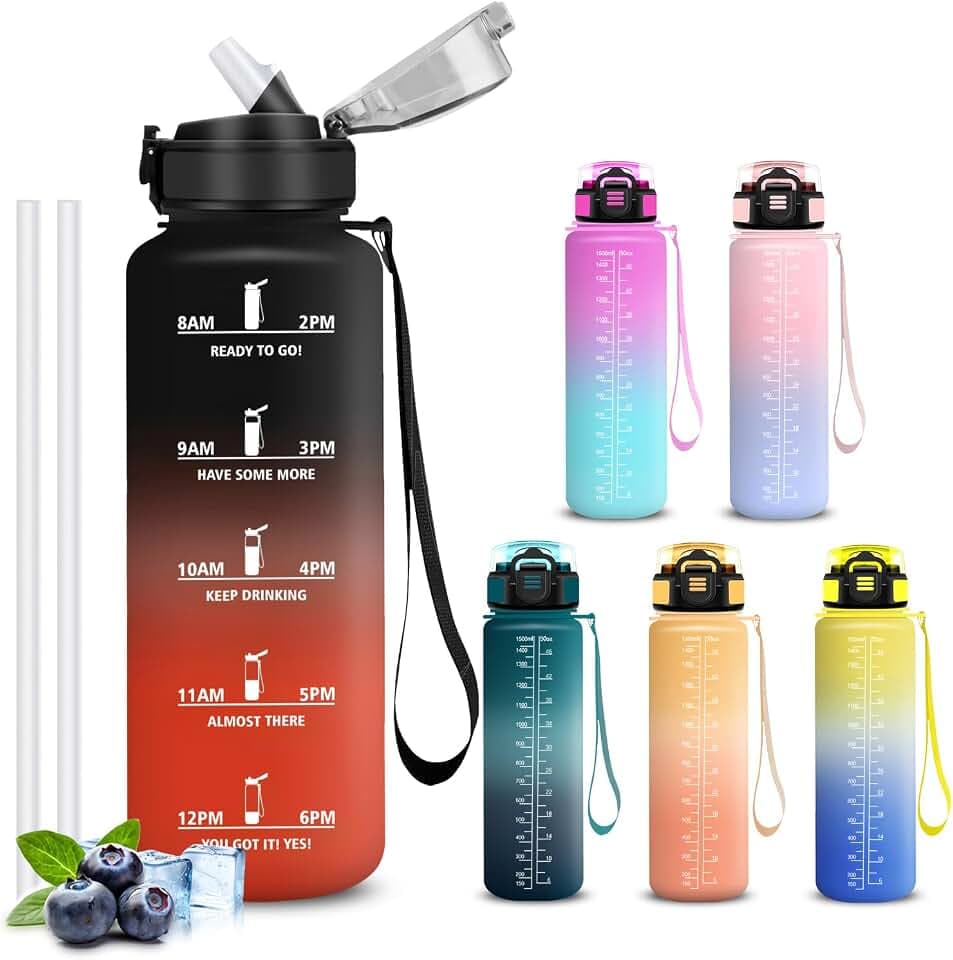 Trinkflasche 1 5 liter, Trinkflasche Sport, Wasserflasche Auslaufsichere, Flasche mit Strohhalm, Sichere Verriegelung, Mit Zeitmarkierung und Schnürung, Flasche für Gym, Wandern, Reisen