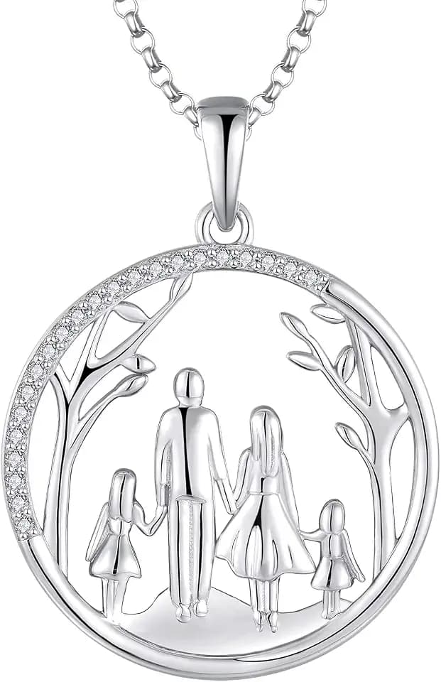 JO WISDOM Damen Kette Mama Familie LebensBaum Silber 925,Halskette Anhänger Mutter Tochter Vater Sohn mit 3A Zirkonia,Schmuck für Frauen
