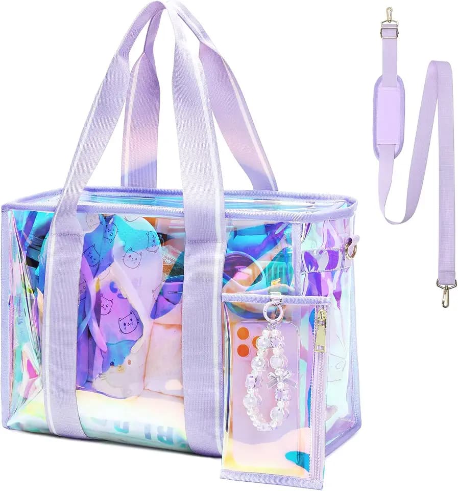 Sisipoet Large Beach Tote Bags for Women, 26L Iridescent Clear Tote Bag, Waterproof Tip-Proof Tote Bag for Beach, Gym