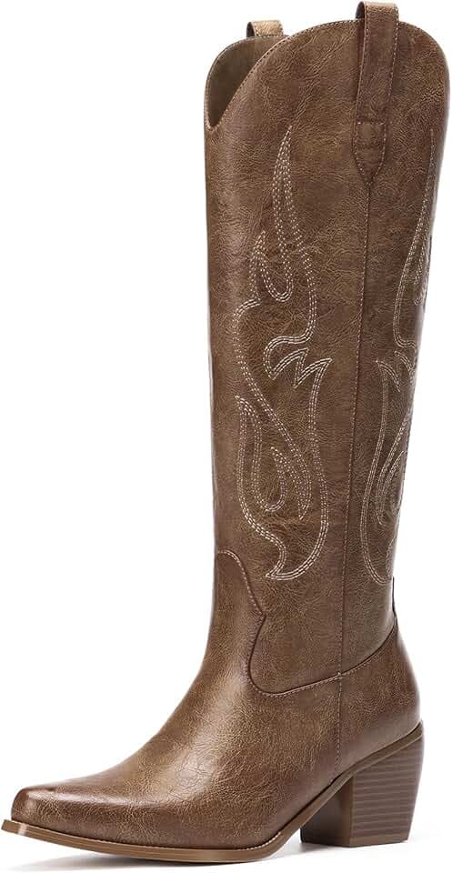 Pasuot Western Cowboy Boots for Women - Knee High Wide Calf Cowgirl Boots, Slip On Pointed Toe Chunky Heel Fashion Retro Classic Pull On Tall Boot for ladies Party concert
