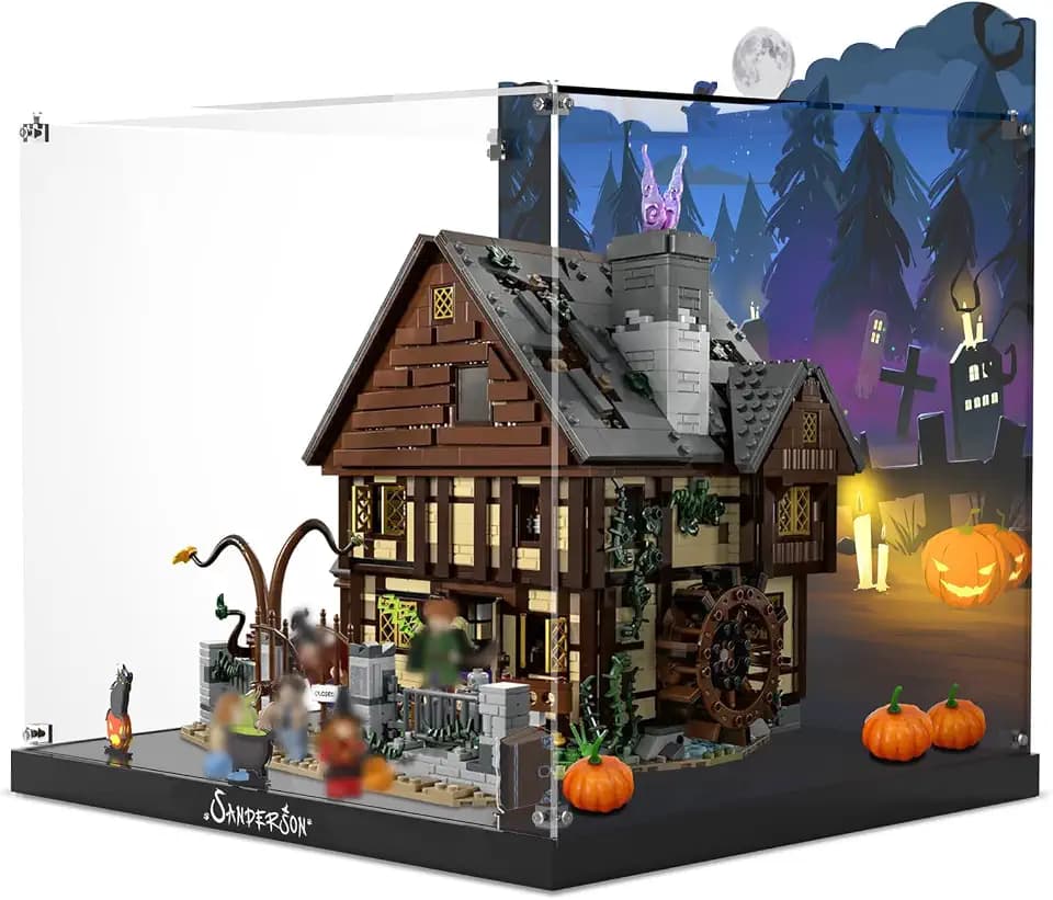 Acrylic Display Case for Lego 21341 Disney Hocus Pocus: The Sanderson Sisters' Cottage Building Bricks, Dustproof Display Box, Customized Decorative Box & HD Painted Background