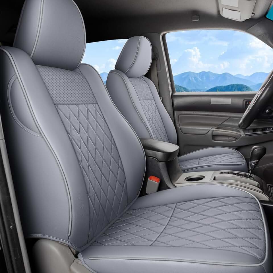 Coverado Tacoma Seat Covers, Car Seat Covers Front Seats, Leather Seat Covers for Cars Car Seat Protector Cushion Tacoma Accessories Custom Fit 2005-2023 Toyota Tacoma Double/Crew Cab(Gray)