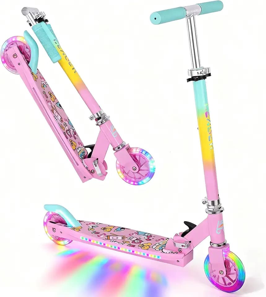 Scooters for Kids with Light-Up Wheels, Stem and Deck, Lightweight Foldable, 3 Adjustable Height Scooters for Kids 8-12