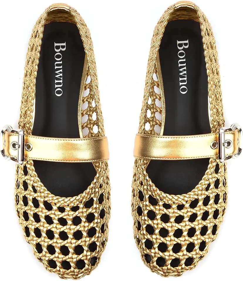 Woven Ballet Flats Mesh Mary Jane Flats for Women Dressy Comfortable Ballerina Flat Round Toe Buckle Strap Mesh Shoes Casual Mary Janes