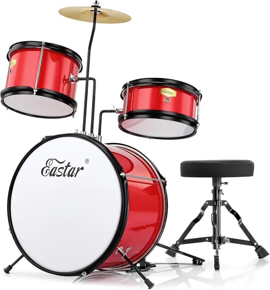 Eastar Schlagzeug 14" 3 PC, für Kinde, Schlagzeug Set mit Snare, Tom, Bass Drum, Bass Drum Pedal, Thron, Becken, Drumsticks, Metallisches Rot