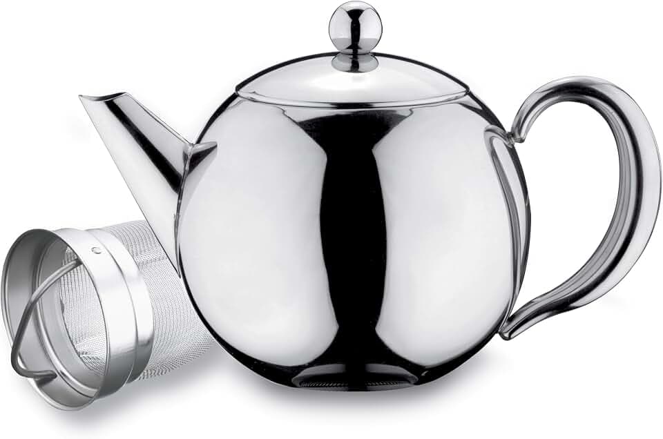 Café Olé Rondeo Doppelwandige Teekanne mit Siebeinsatz – 18/10 Edelstahl, 40oz / 1.2L, Silver