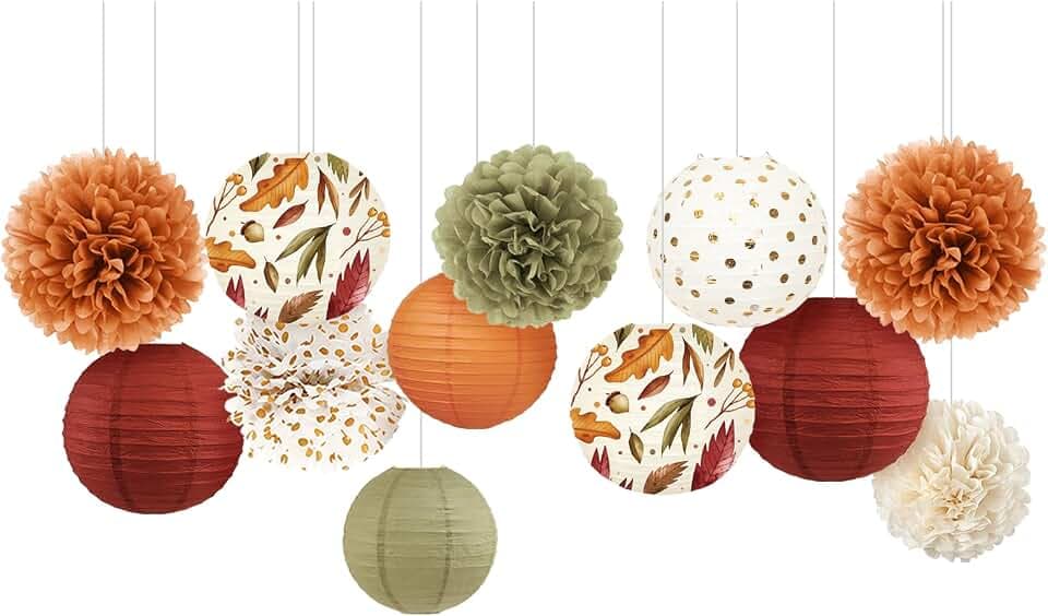 NICROLANDEE Herbstdekorationen 12 Stück Seidenpapier Pompons Papierlaternen