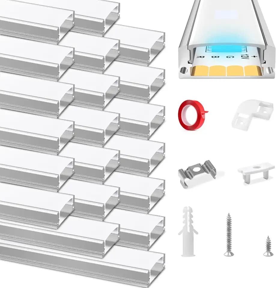 HOMMAND LED Profil, LED Aluminium Profil U-Form 20m, LED Leisten in Aluprofil mit Eckverbinder, Klebstoff, Endkappen und Montageclips, LED Streifen Kanal und Diffusor, LED Kanal 20 x 1m/3,3ft