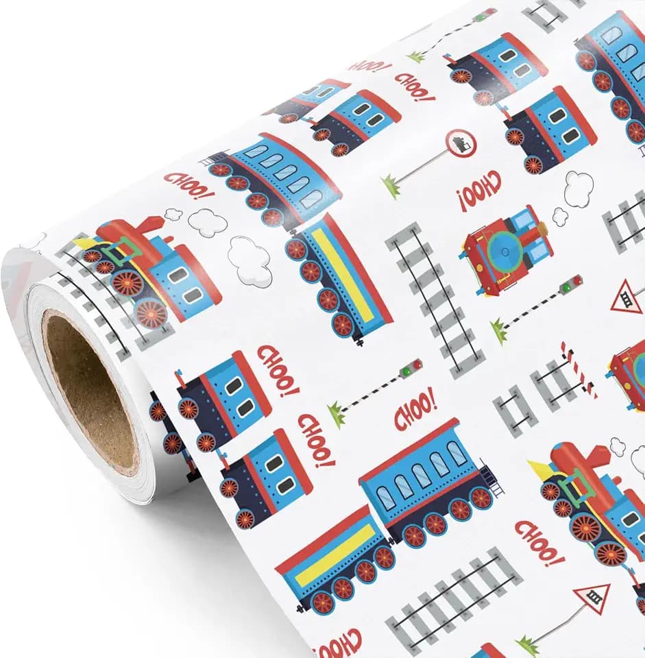 WRAPAHOLIC Train Wrapping Paper Roll - Mini Roll - 17 Inch x 16.5 Feet - Vintage Trains Tracks Wrapping Paper, Perfect for Kids Boys Birthday, Baby Shower
