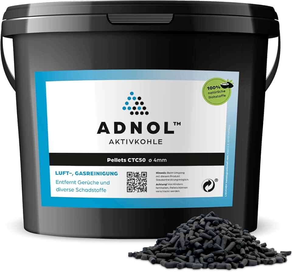 Aktivkohle Pellets 5 Liter aus Kokosnussschalen für Luftreinigung sowie Gasreinigung z.B. für Dunstabzugshauben, CTC50, Durchmesser 4mm, Energieklasse A, als Carbon Filter verwendbar