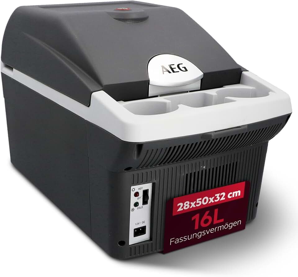 AEG Automotive Board-Bar BK 16 Thermoelektrische Kühl- und Warmhaltebox 16 Liter, 12 Volt für Auto und Steckdose, anschnallbar im PKW, Schwarz,hellgrau