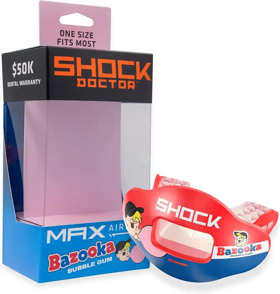 Shock Doctor Max Airflow Lip Guard, Full Mouth Protection Compatible with Braces, Lip Guard, Instant Fit Mouthguard for Football, Hockey, Lacrosse OSFA, Bazooka Joe Bubble Gum