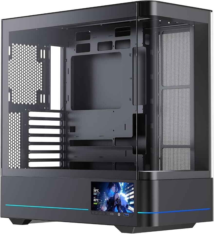 TZMRIT AC-02 PC Gehäuse mit 5.5INCH LCD Display,Mittelturm ATX-Computergehäuse mit Panorama-Doppelglas (Black)