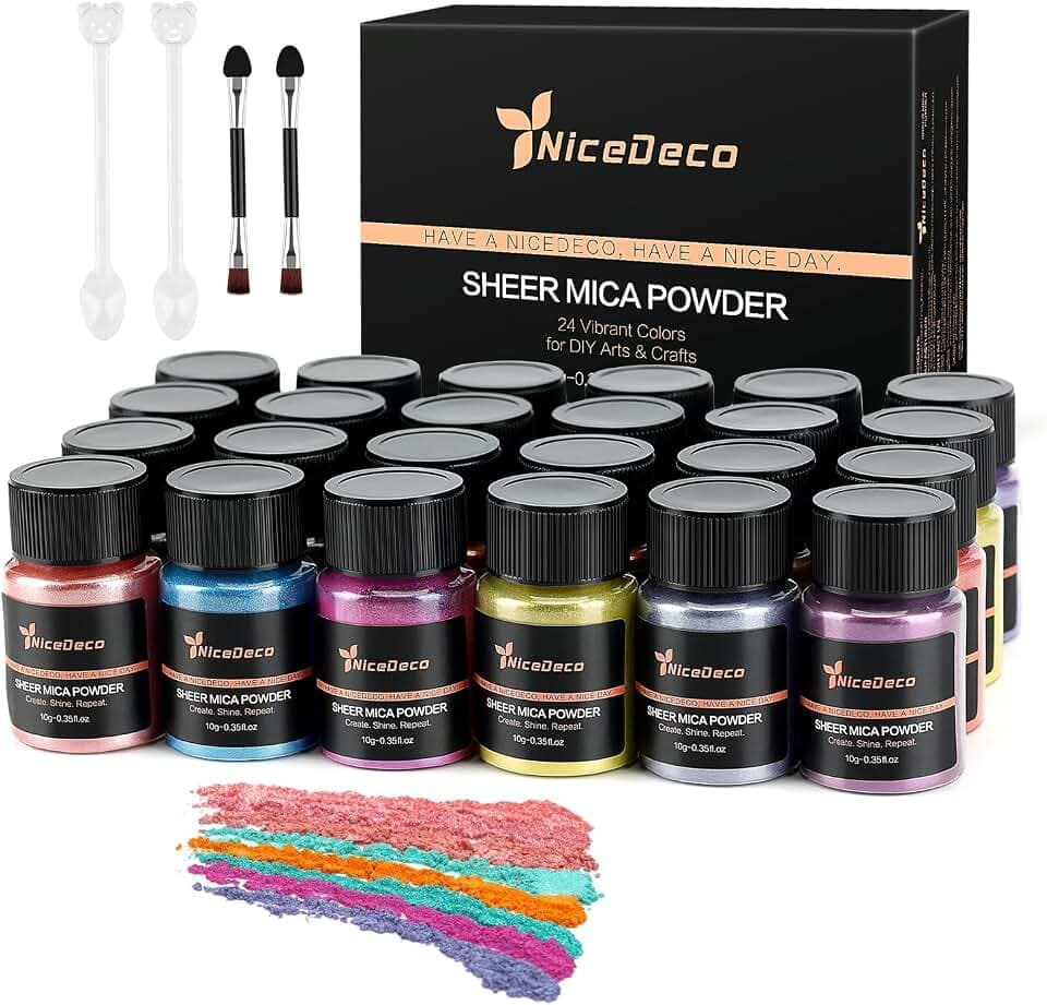 Nicedeco Mica Powder, Cruelty Free, Vegan, 24 Colors Natural Pigment Powder for Epoxy Resin, Gel Nail Polish, Nail Art, Soap Making, Candle Making, Dye