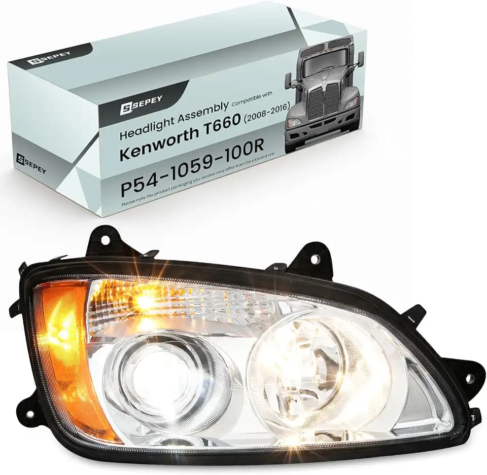 Headlight Assembly Compatible with 2008-2016 Kenworth T170 T270 T370 T440 T470 T660 T700, Right Side Replacement with High/Low Beam & Turn Signal Projector