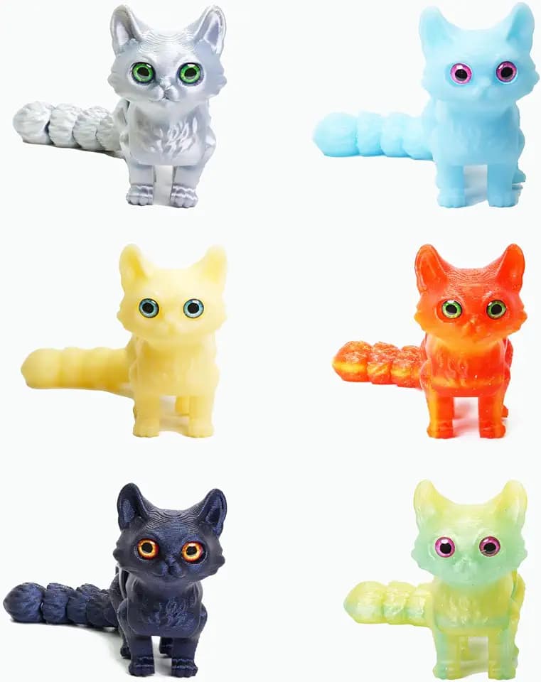 6 Pcs Multi-Color Articulated Cat Set, 3D Printed Kitty Cat Small Animal Figurines, Kawaii Cat Decor Desk Pets for Office, Flexible Fidget Toys for Easter Basket Stuffers