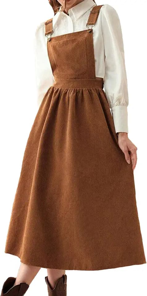 SOMTHRON Women's Corduroy Bib Overall Dress Sleeveless Adjustable Strap A Line Flare Fall Pinafore Midi Jumper Dress