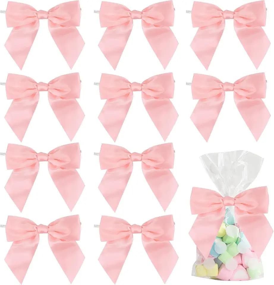 AIMUDI Baby Pink Satin Ribbon Bows 4.5" Pre-Tied Bows with Twist Ties for Gift Wrapping Treat Bags Boxes Baby Shower Wedding Party Favors Valentine's Day Decorations, 36 PCs