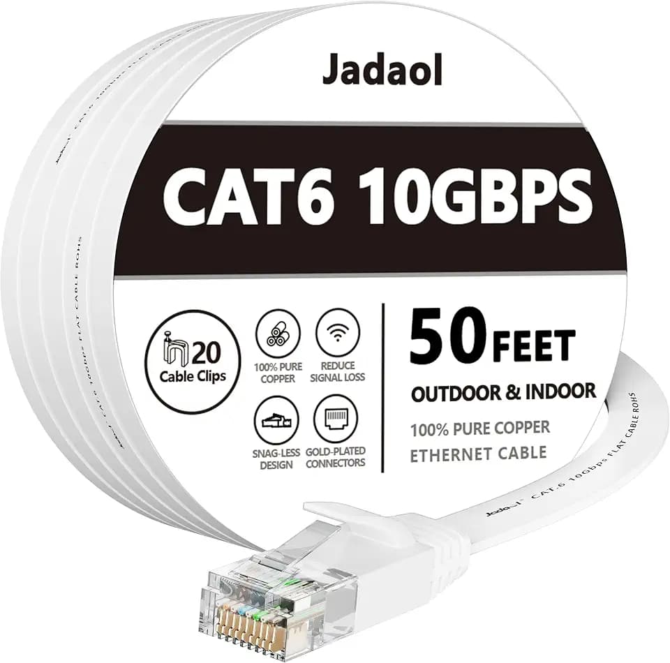 Jadaol Cat6/Cat6A Ethernet Cable 50FT Flat with Clips 10Gbps Network, White