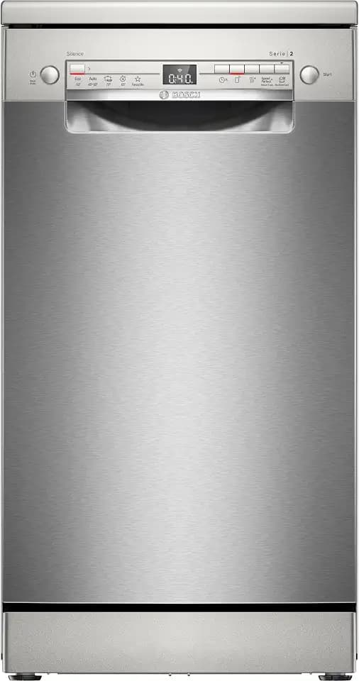 Bosch SPS2HKI42E, Serie 2, Smarter Geschirrspüler Freistehend, 45 cm breit, Silver Inox, Besteckkorb, extra Trocknung auf Knopfdruck, leiser und effizienter Motor, anti Fingerprint, mit aquaStop