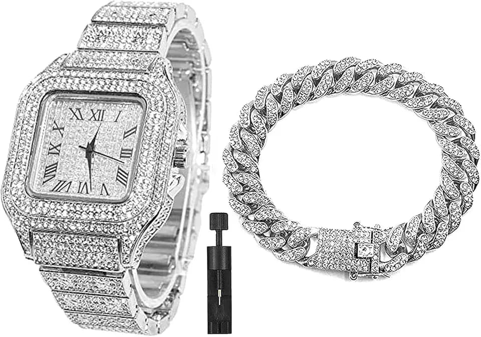 Apzzic Diamond Iced Out Watch CZ Gold Plated 40mm Width Roman Numerals Dial Quartz Wristband Watch for Men Women