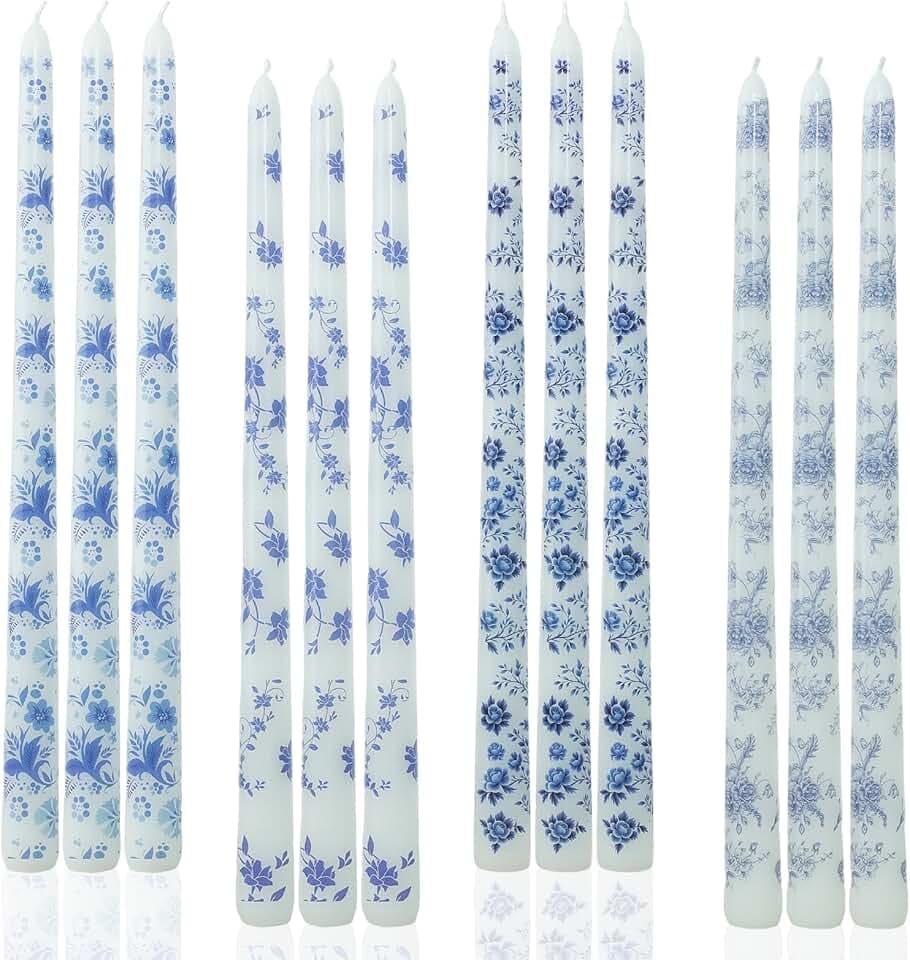 12inch Blue and White Porcelain Long Taper Candlesticks Chinoiserie Dripless Candle Decorations Unscented Taper Candles for Party Gift Home Decor-12 pcs