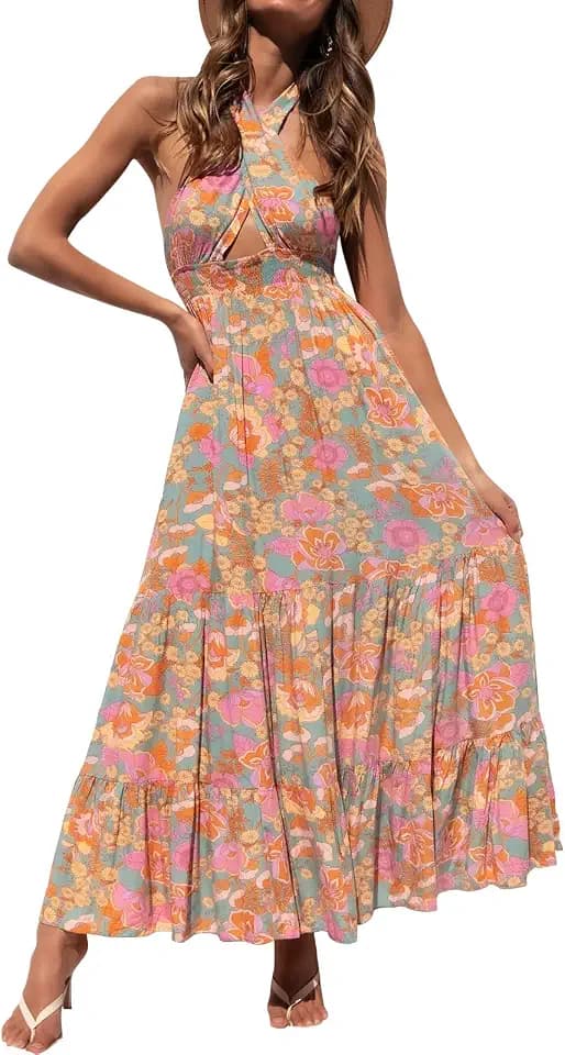 ZESICA Womens Summer Crossover Halte Sleeveless Maxi Dress