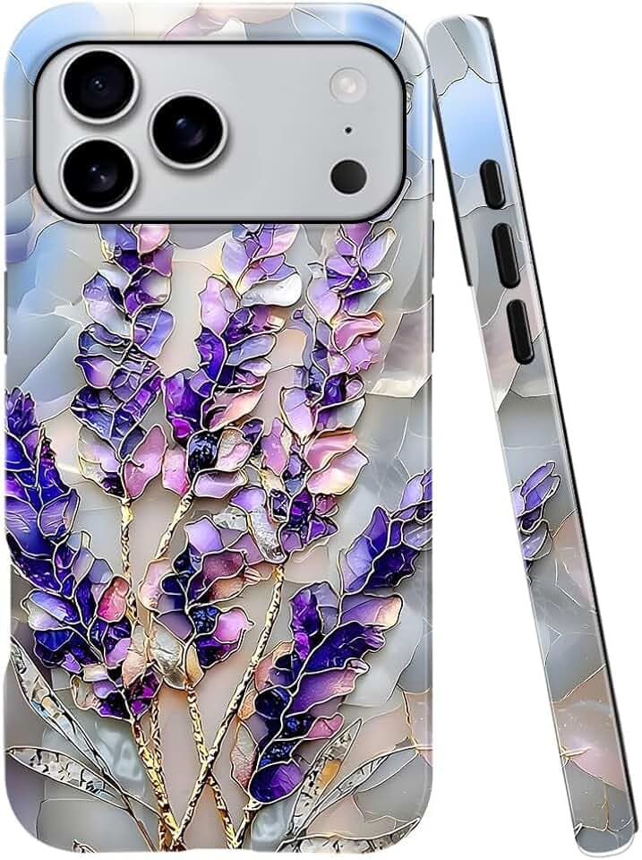 Case Compatible with iPhone 18 Pro Max/iPhone 17 Pro Max,Glossy Hybrid 2-Layer Hard Shell,Shockproof Soft for Girl Women,Lavender Flower Purple Stained Glass