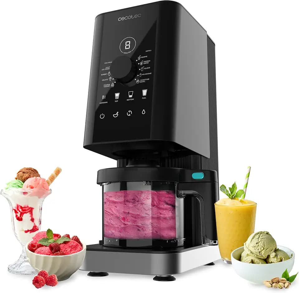 Cecotec Eismaschine Gelatec 1800, CreamOn and Re-Spin für ultra cremig, 10 Programme Eis & Ice-Drinks, Drehregler, Eis in 5 Min nach Einfrieren, 1,35 L mit 3x 450 ml BPA-frei, Mix-ins