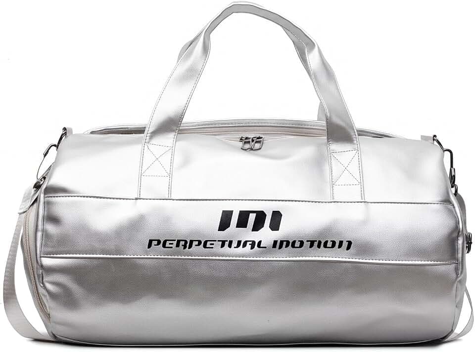 Turnbeutel - Wasserdichte PU Leder Sporttasche mit Schuhfach, Nass/Trockentasche, Verstellbarer Gurt - Leichte Reisetasche für Fitness, Yoga, Schwimmen, silber, 21cm (H) x 46cm (W) x 17cm (D
