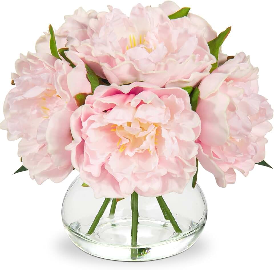 Oairse Künstliche Pfingstrosen mit Vase, realistische künstliche Pfingstrosen, Blume in Glasvase mit künstlichem Wasser, rosa künstliche Pfingstrosen, Blumenarrangement für Heimdekoration, Büro