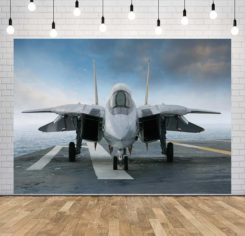 7x5ft Fabric Jet Fighter Backdrop Air Combat Fighter on Aircraft Carrier Background Top Gun Backdrp Military Fighter Jet Birthday Party Decorations Air Force Party Supplies Photo Studio Props