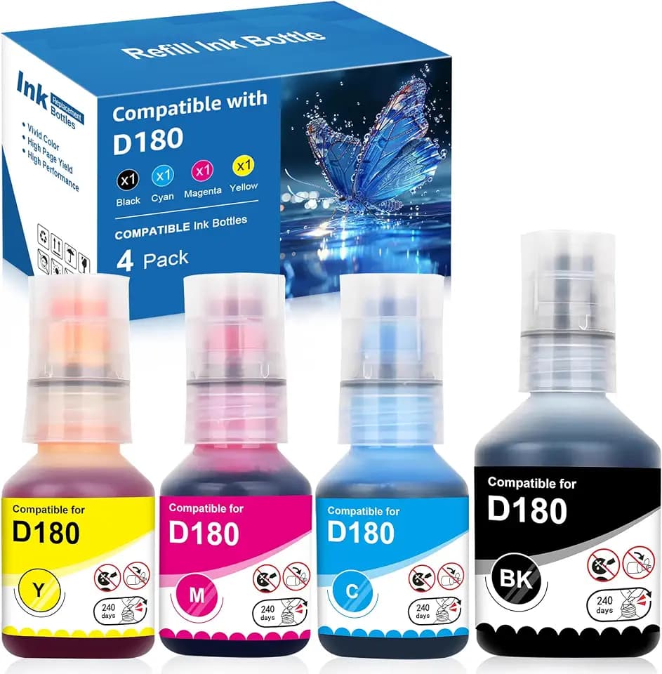 Compatible BTD180 Ink Refill Bottles Replacement for Brother D180 BTD180BK BTD180CLVAL Ink Bottles Compatible for Brother DCP-T580DW DCP-T583DW DCP-T780DW Printers, 4 Pack